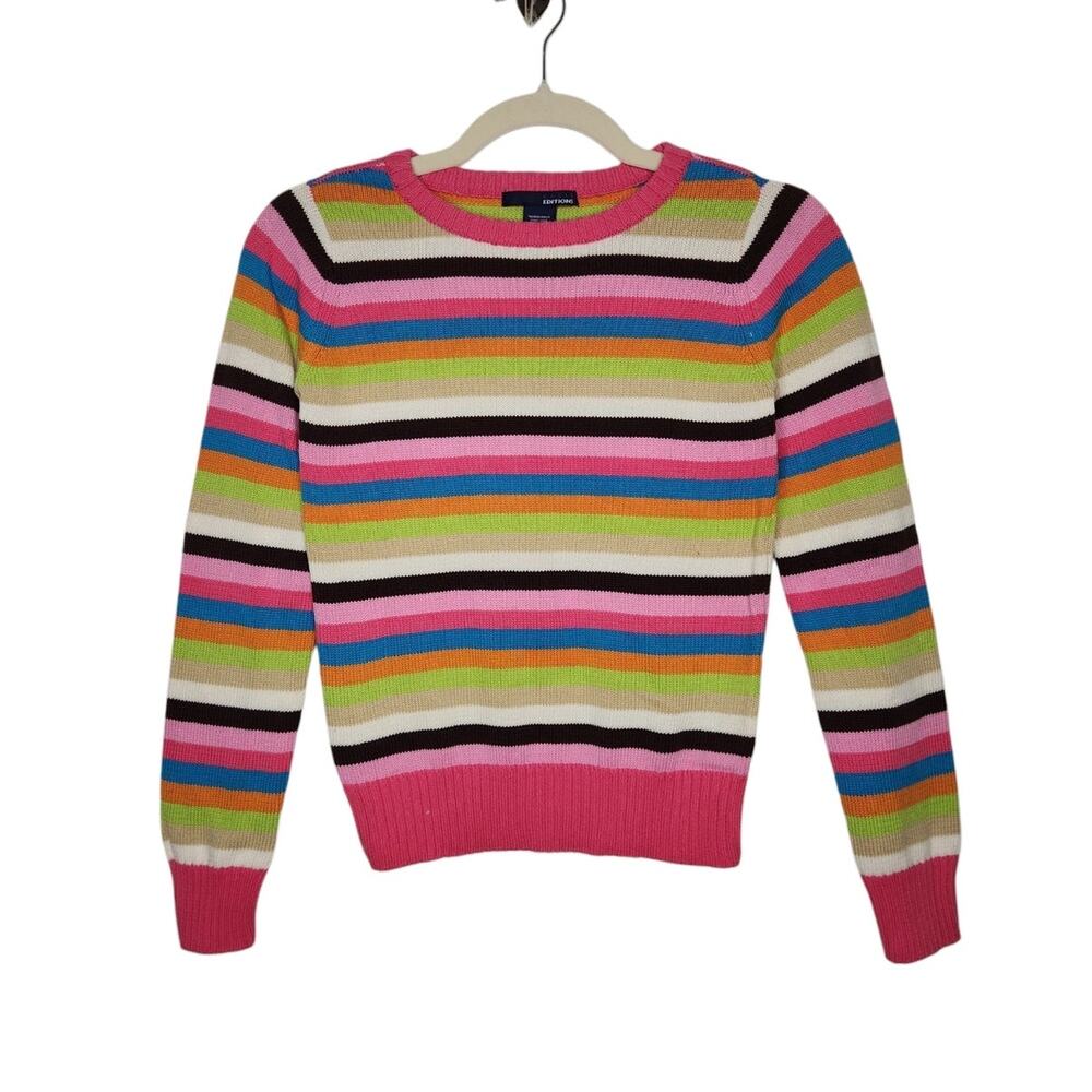 Vintage y2k Basic Editions Youth Girls Striped Knit Sweater Pink Green Nature Lg